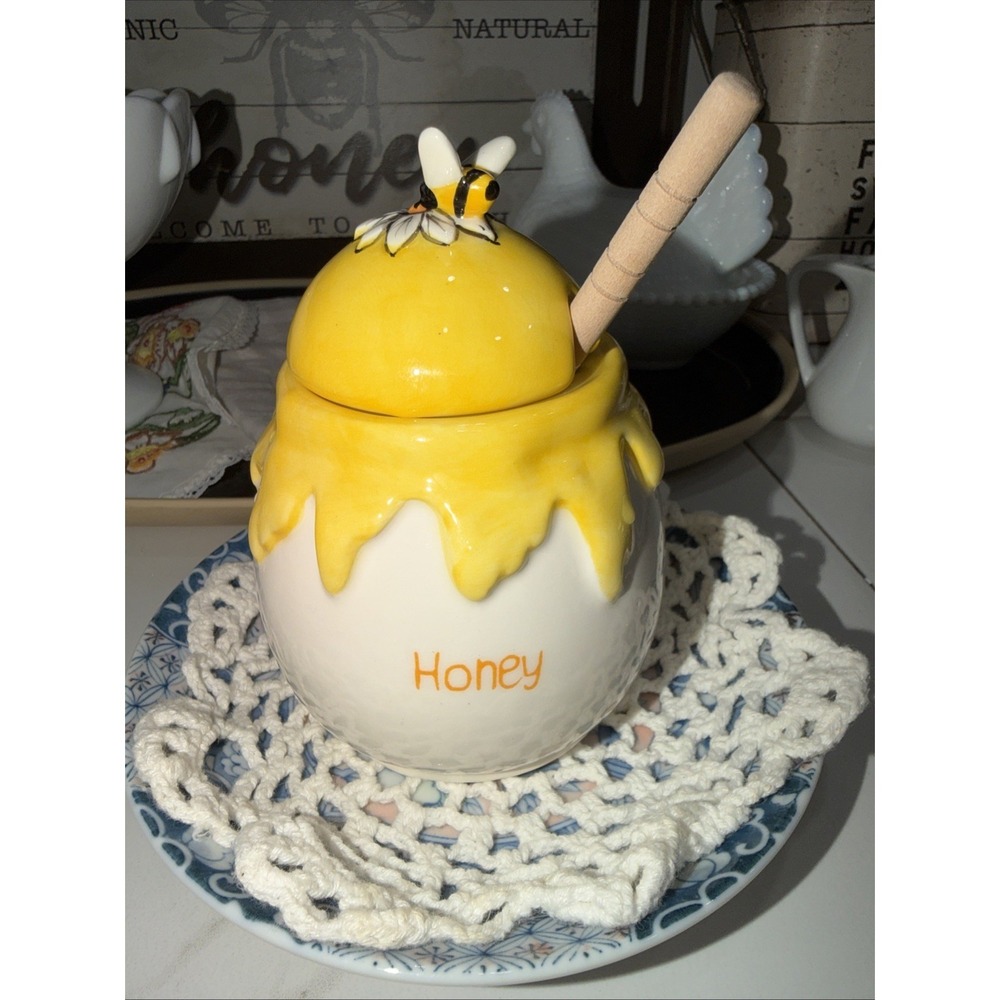 Blue Sky Clayworks Sweet Honey Drip Honey Bee Pot‎ with Dipper Stick